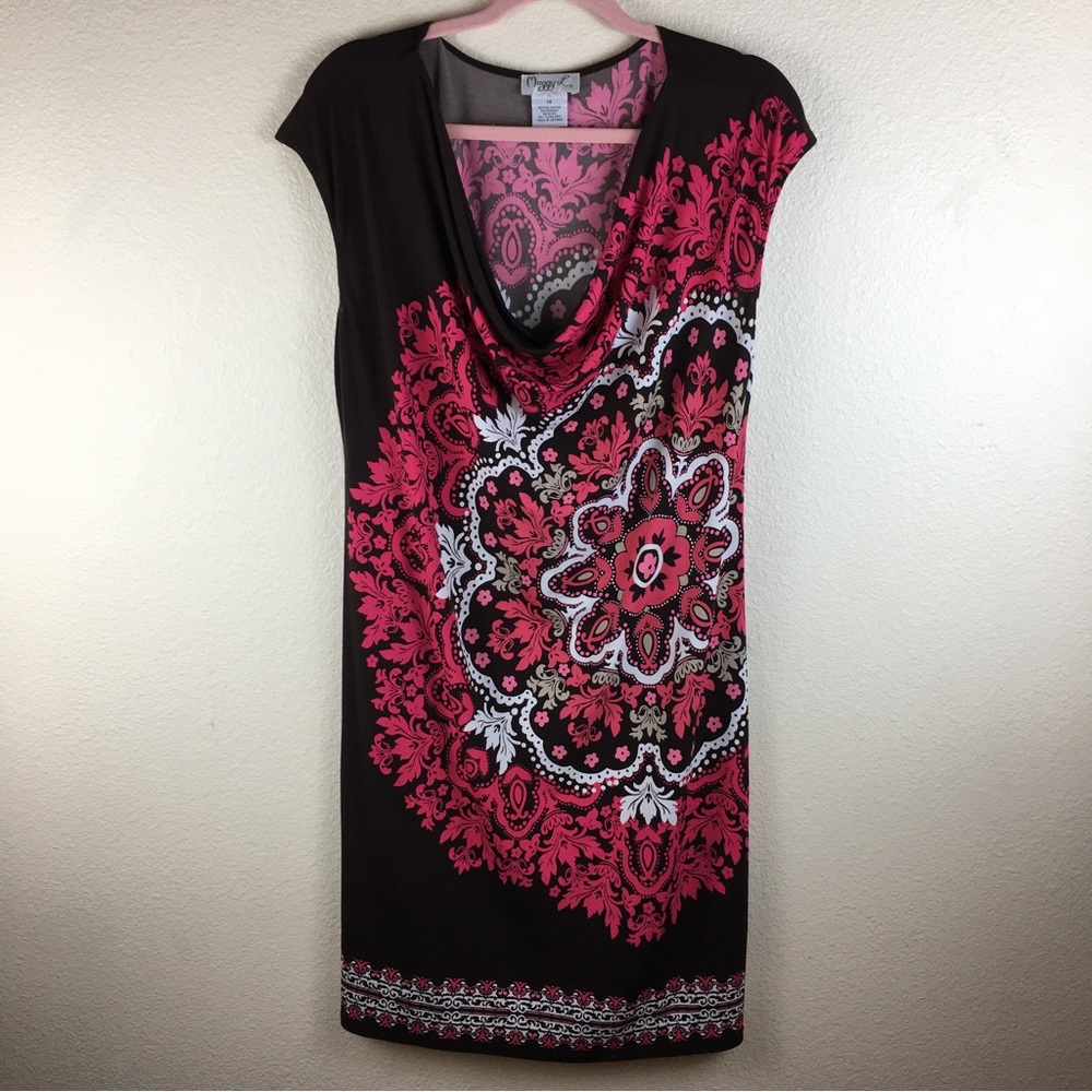 Maggy L Women's Brown Pink Floral Mandala Print Drape Neck Dress Size 14